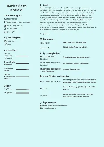 Beslenme Uzmanı Diyetisyen CV Örnekleri cv indir